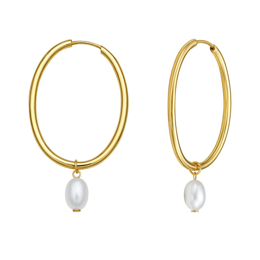 Royal Chain 14K Pearl Drop Oval Hoops E15513