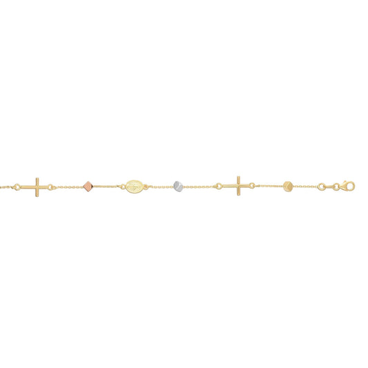 Royal Chain 14K Tri-color Gold Polished Cube & Cross Bracelet RC3592