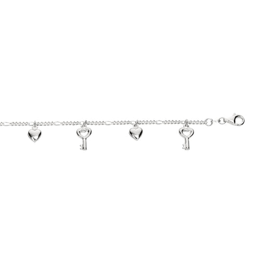 Royal Chain Silver Dangle Key and Hearts Anklet AGANK151