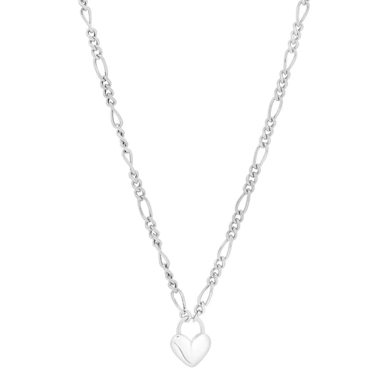 Royal Chain Silver Heart Padlock Figaro Necklace AGC17188