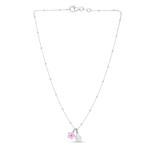 Royal Chain Silver Enamel Flower Ladybug Necklace AGRC14748