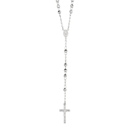 Royal Chain Silver Diamond Cut Large Bead Rosary Necklace AGW945