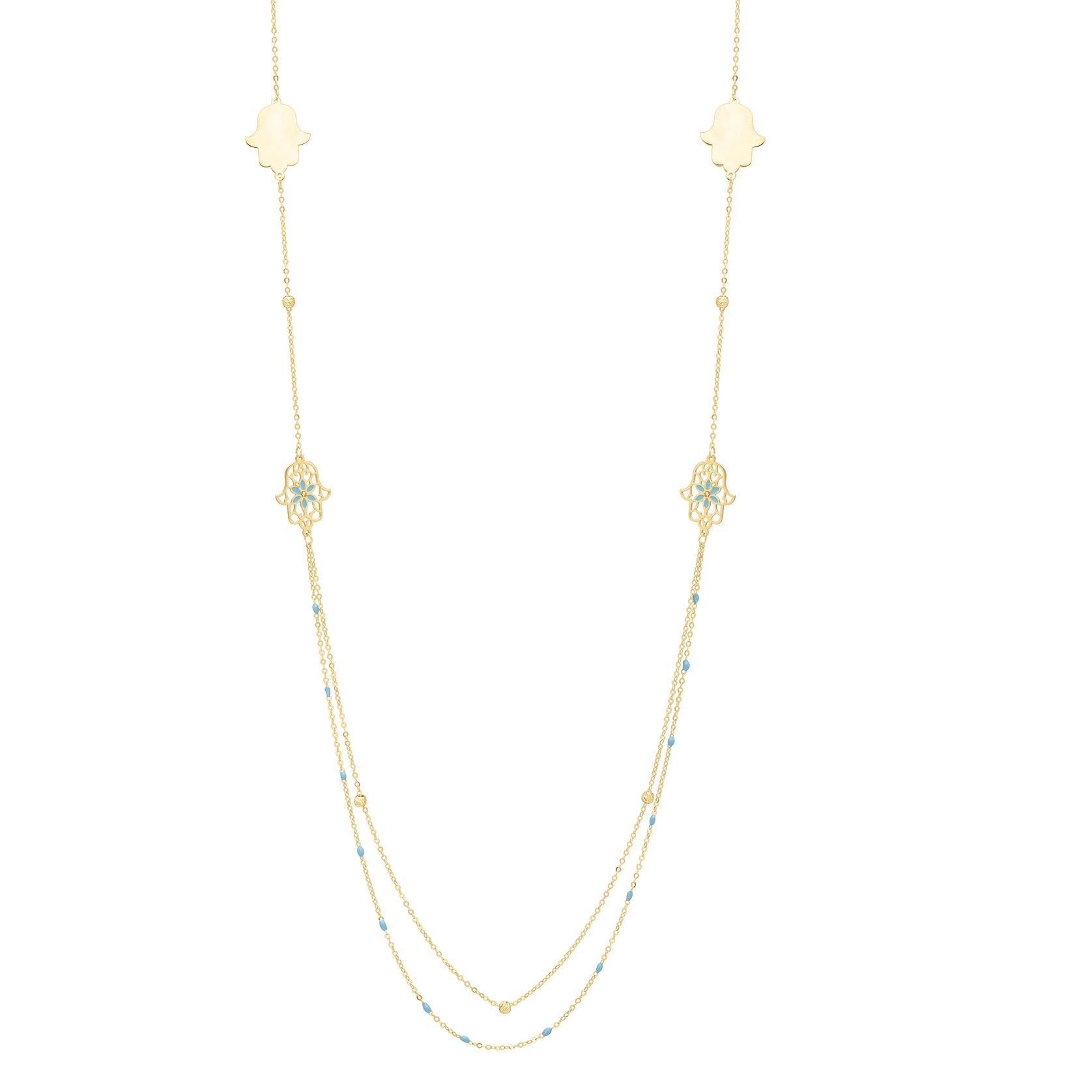 Royal Chain 14K 30" Long Hamsa Stationed Necklace C17048