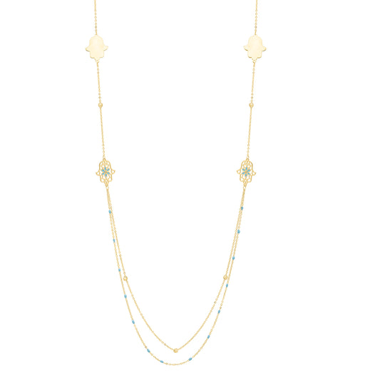 Royal Chain 14K 30" Long Hamsa Stationed Necklace C17048