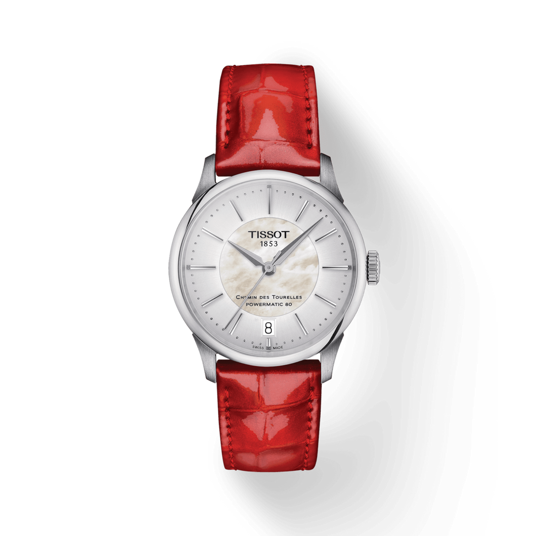 TISSOT CHEMIN DES TOURELLES POWERMATIC 80 MOTHER OF PEARL RED LEATHER