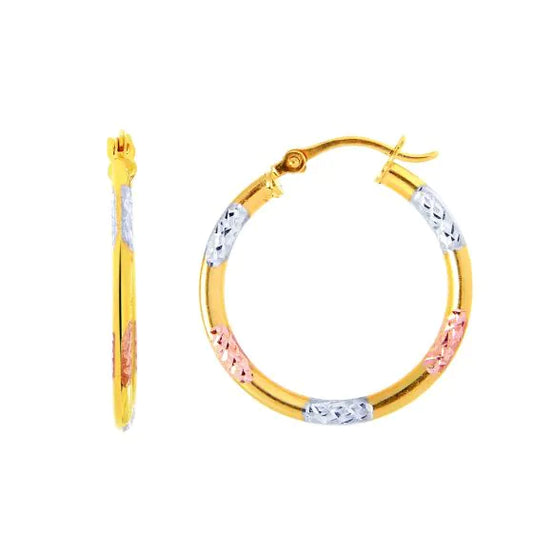 14K Gold 2x15mm Diamond Cut Station Hoop Earring